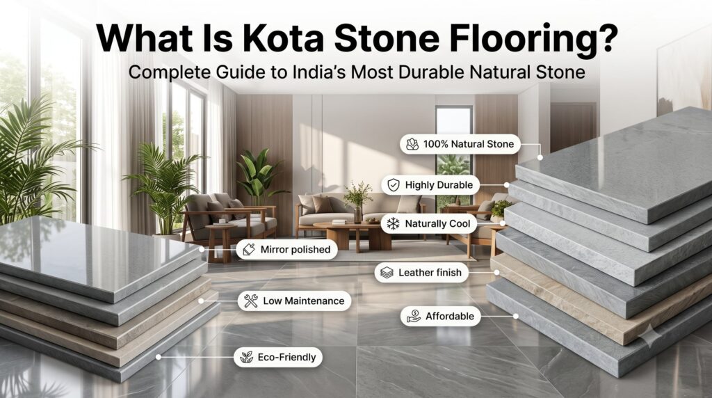 Modern home with grey mirror polished Kota stone flooring showcasing natural limestone flooring from Rajasthan, India.