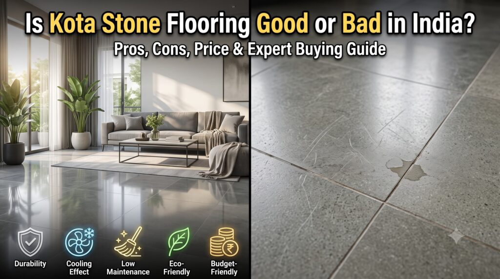 Modern Indian home with grey mirror polished Kota stone flooring showing the advantages and disadvantages of Kota stone flooring in India.